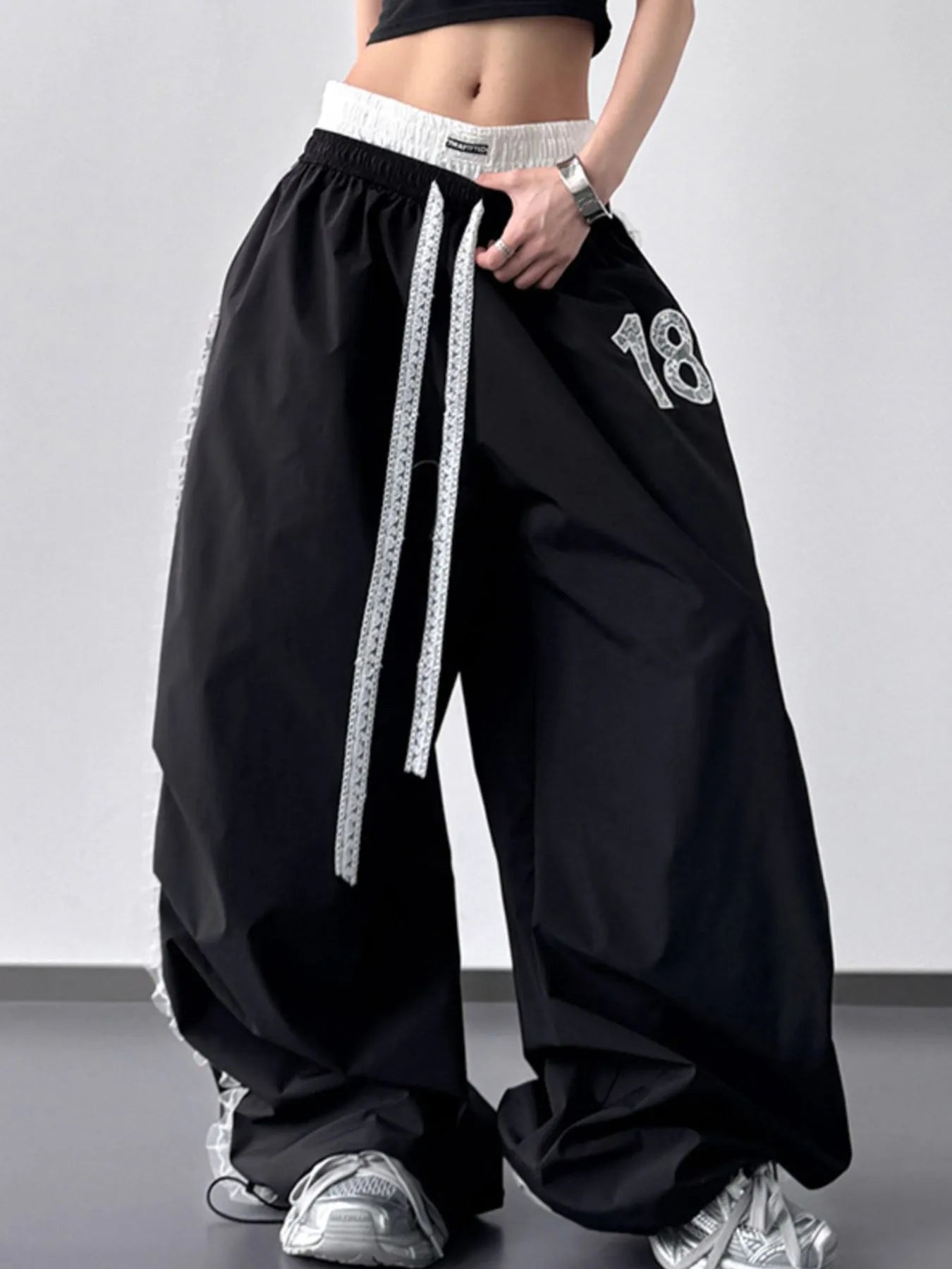 Lace Detail Drawstring Wide Leg Pants - Girly Tea