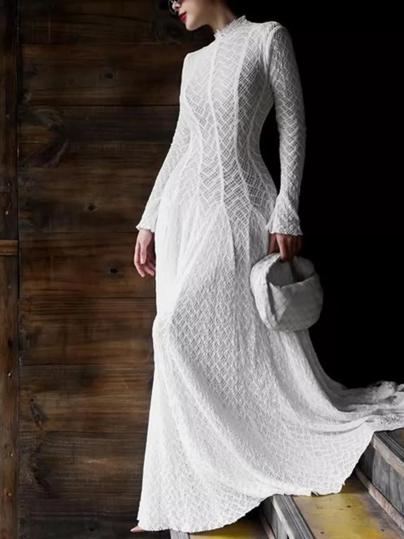 Lace Mock Neck Long Sleeve Maxi Dress - Girly Tea