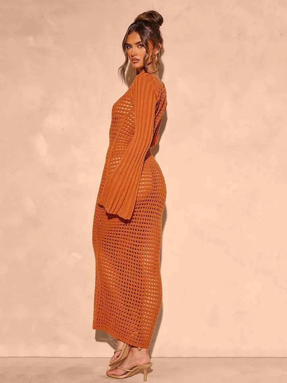 Openwork Square Neck Flare Sleeve Cover-Up Dress