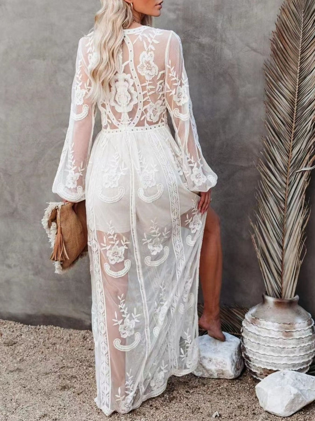 Floral Lace Slit Maxi Dress - Girly Tea