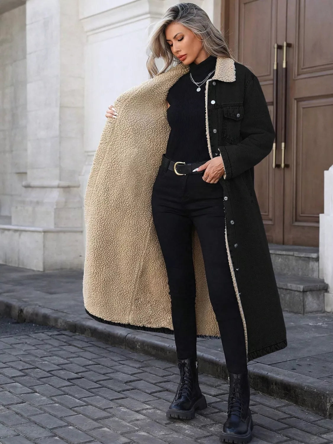 Sherpa Lined Longline Denim Jacket - Girly Tea