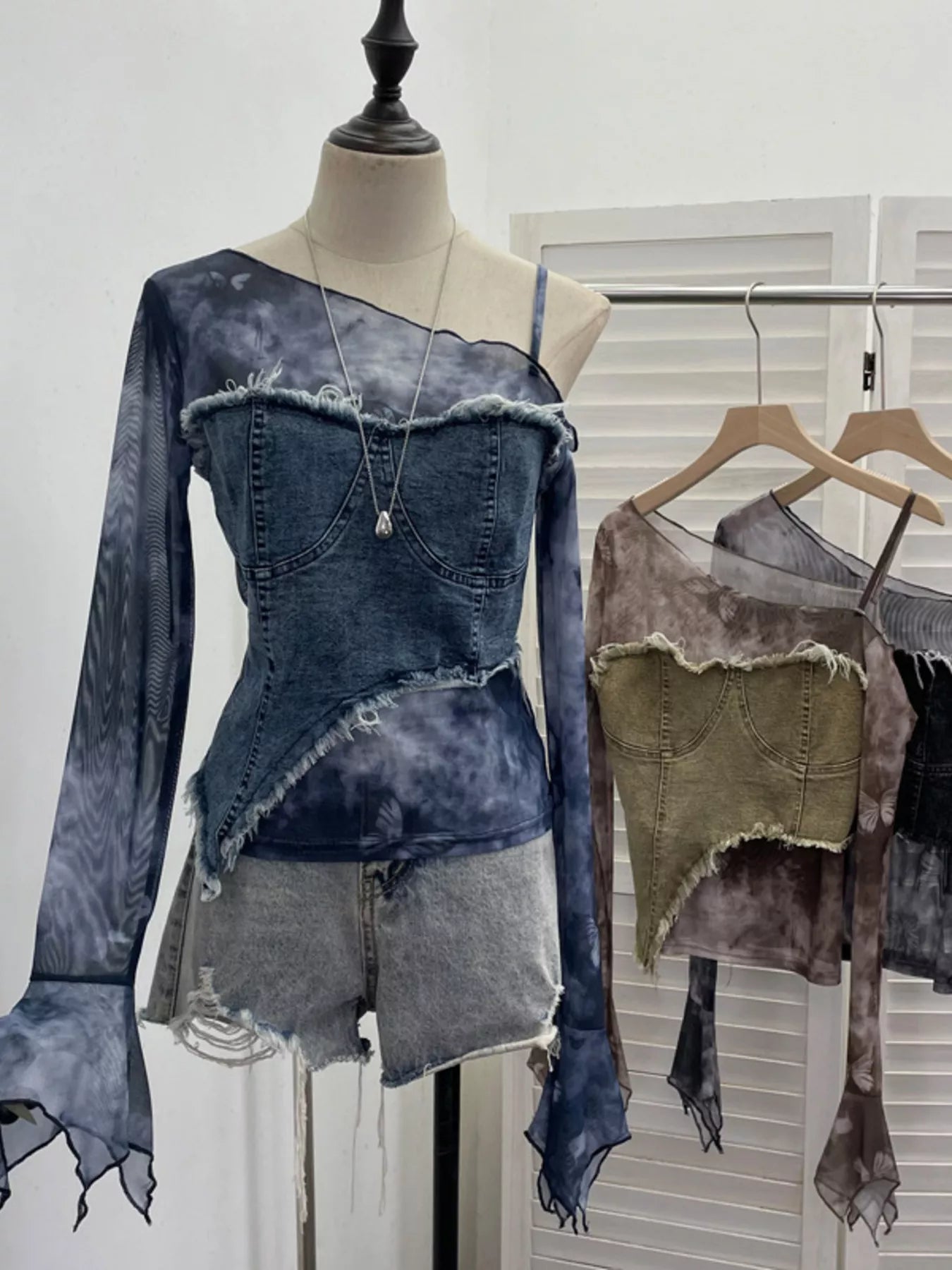 Asymmetrical Neck Denim Patchwork Top - Girly Tea
