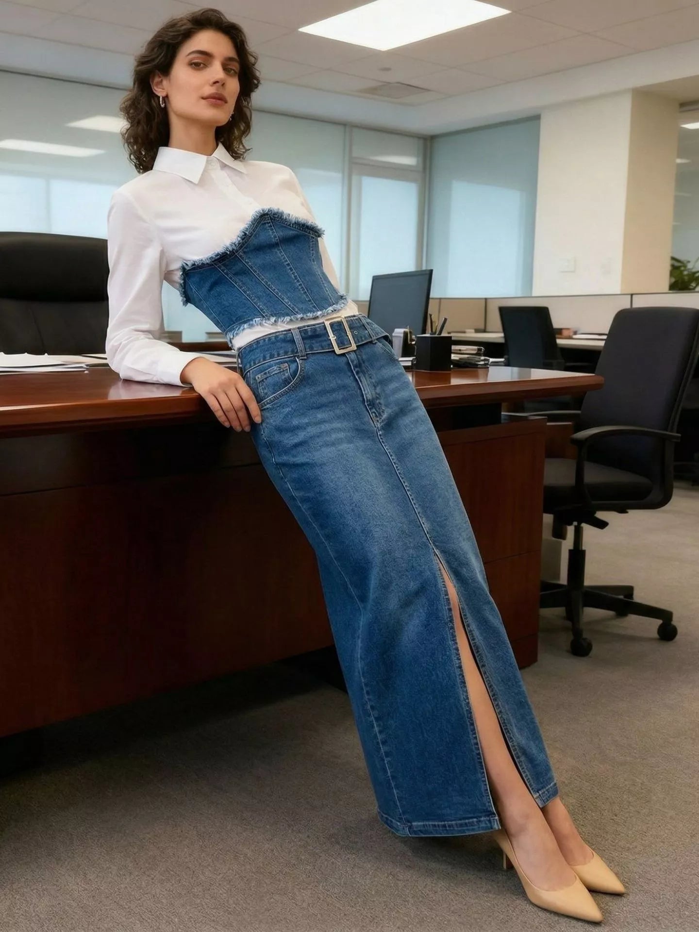 Frayed Denim Patchwork Top & Slit Maxi Skirt Denim Set - Girly Tea