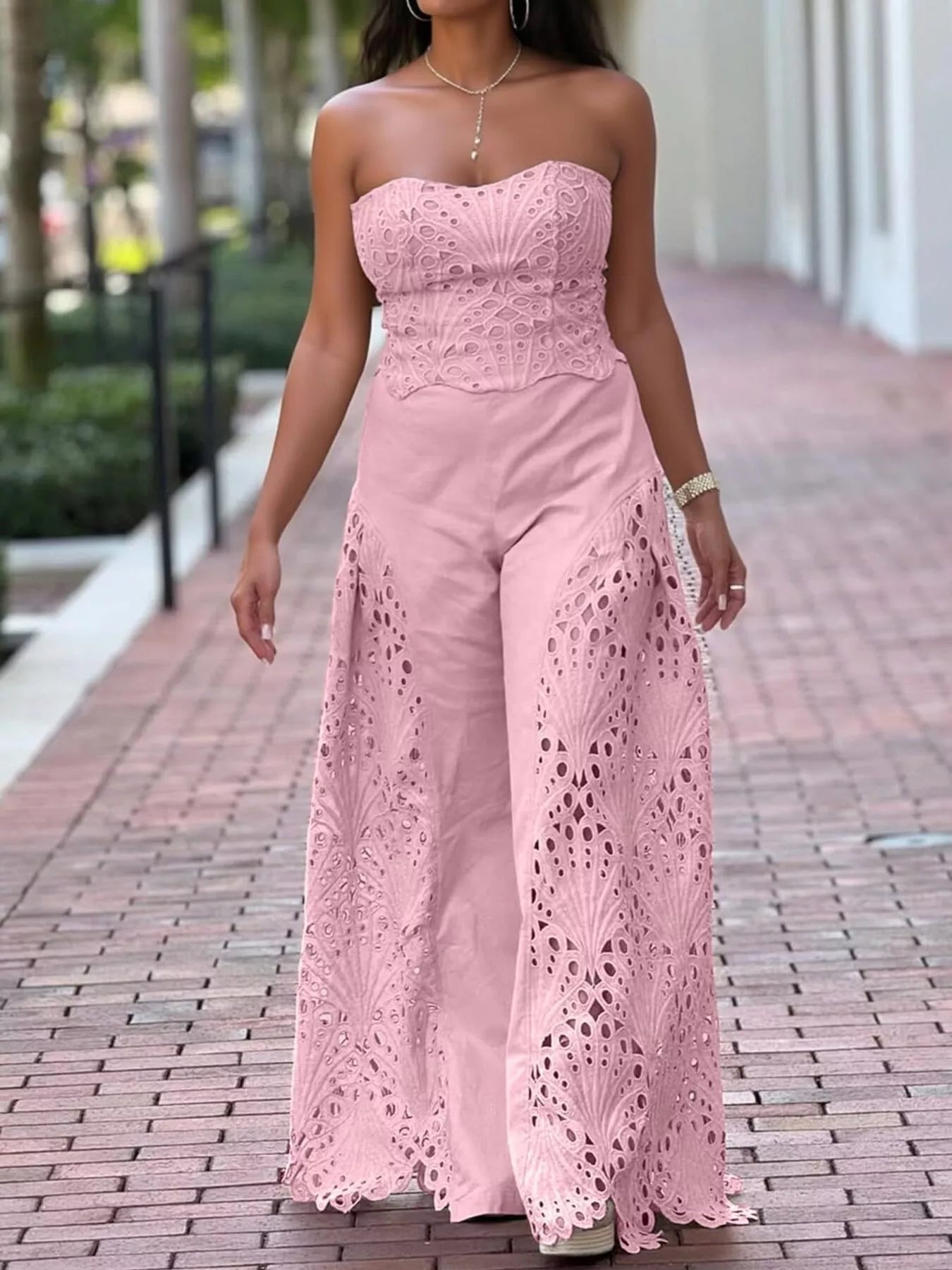 Hollow-Out Tube Top and Pants Two-Piece Set - Girly Tea