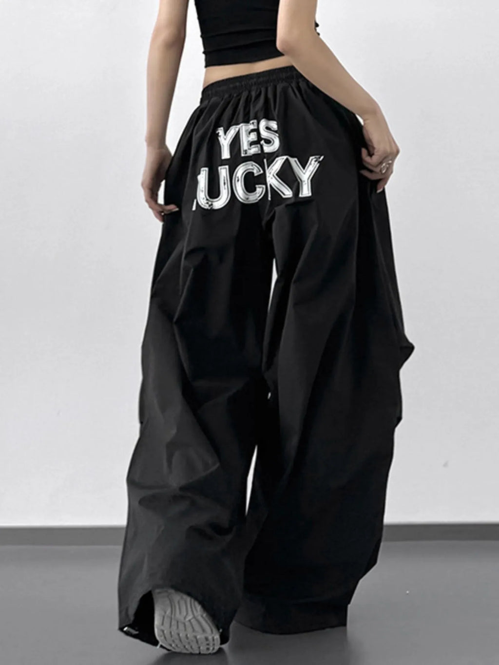 Letter Back Wide Leg Drawstring Pants - Girly Tea