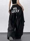 Letter Back Wide Leg Drawstring Pants - Girly Tea