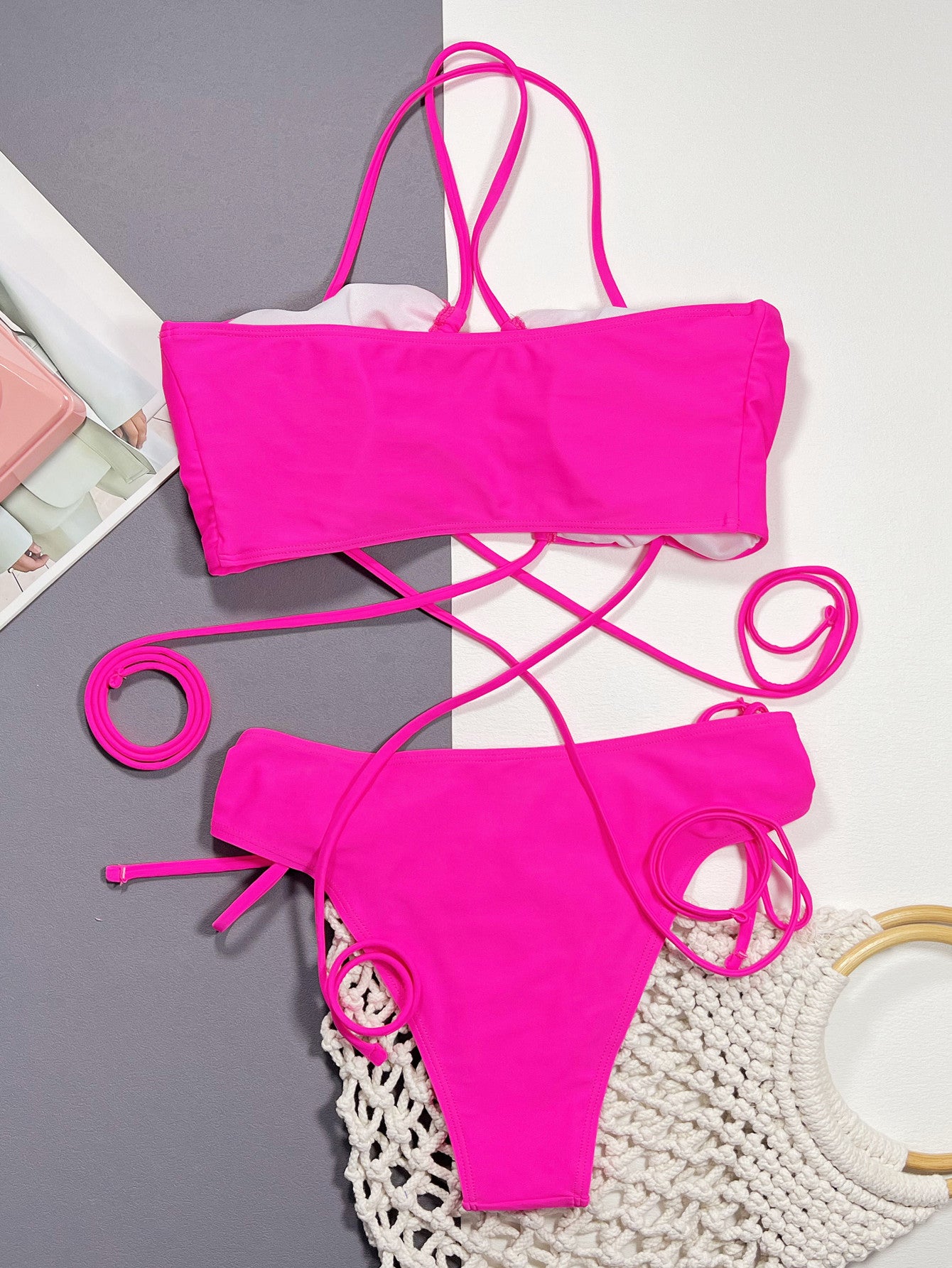 Halter Neck Drawstring Detail Bikini Set - Girly Tea