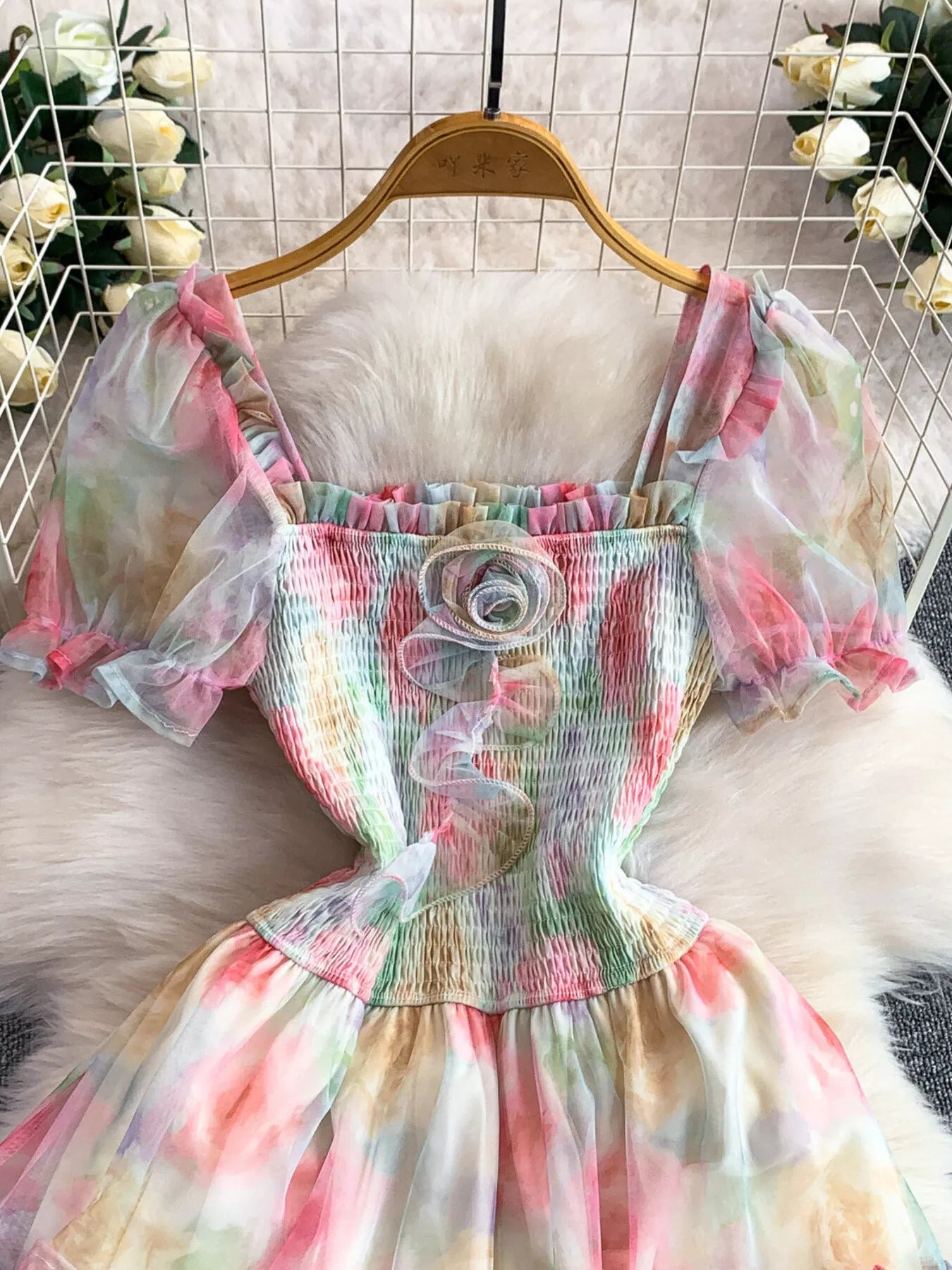 Smocked Floral Tiered Mesh Midi Dress - Girly Tea