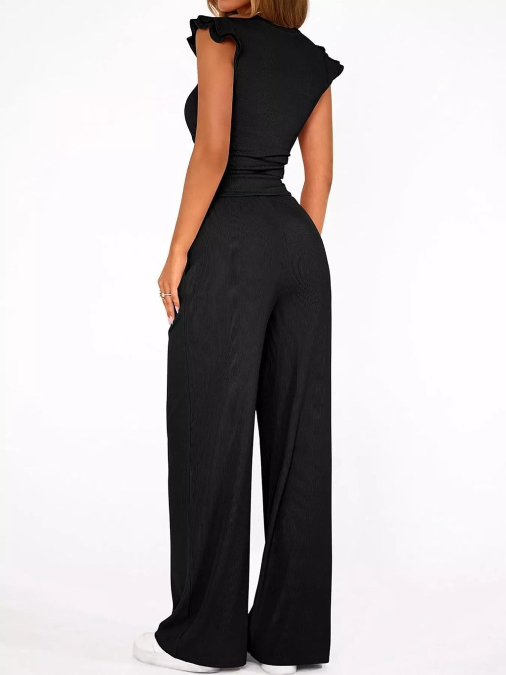 Ruffled Mock Neck Top and Wide Leg Pants Set - Girly Tea