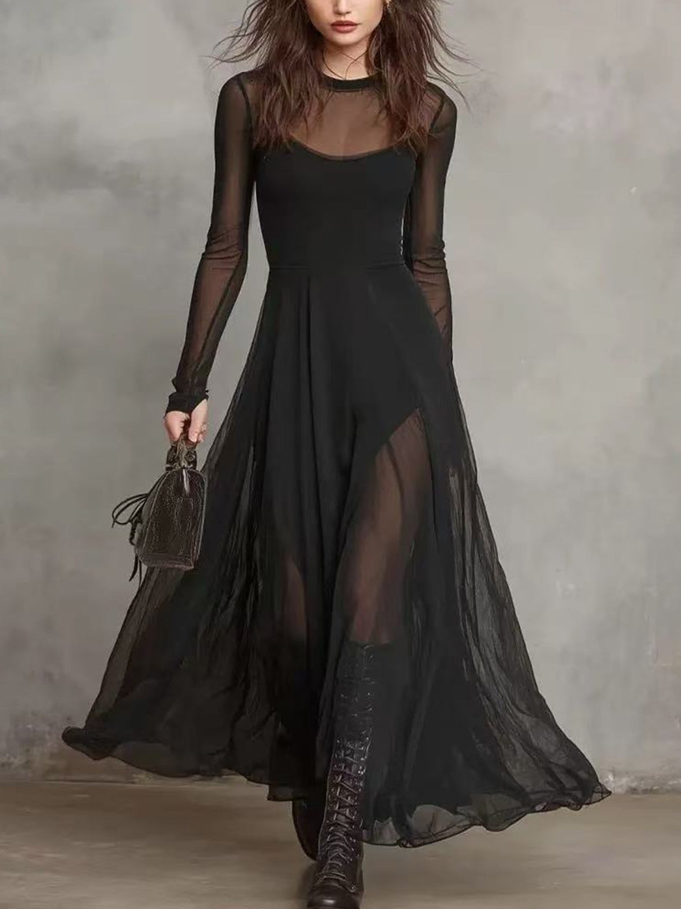 Sheer Mesh Maxi Dress Two-Piece Set - Girly Tea
