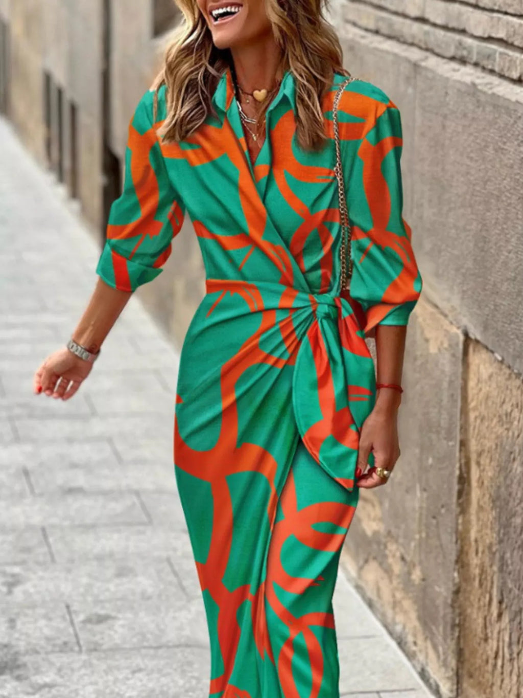 Printed Collared Neck Shirt Dress - Girly Tea