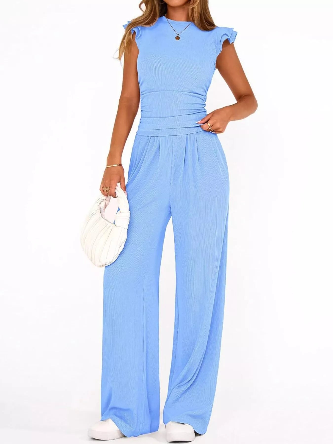 Ruffled Mock Neck Top and Wide Leg Pants Set - Girly Tea