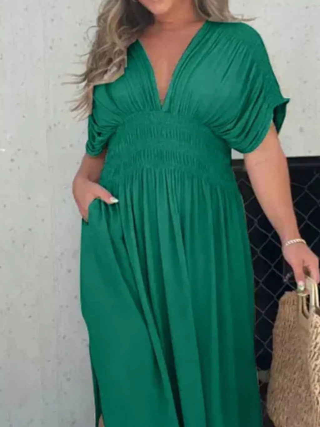 Full Size Slit V-Neck Smocked Waist Maxi Dress Plus Size - Girly Tea
