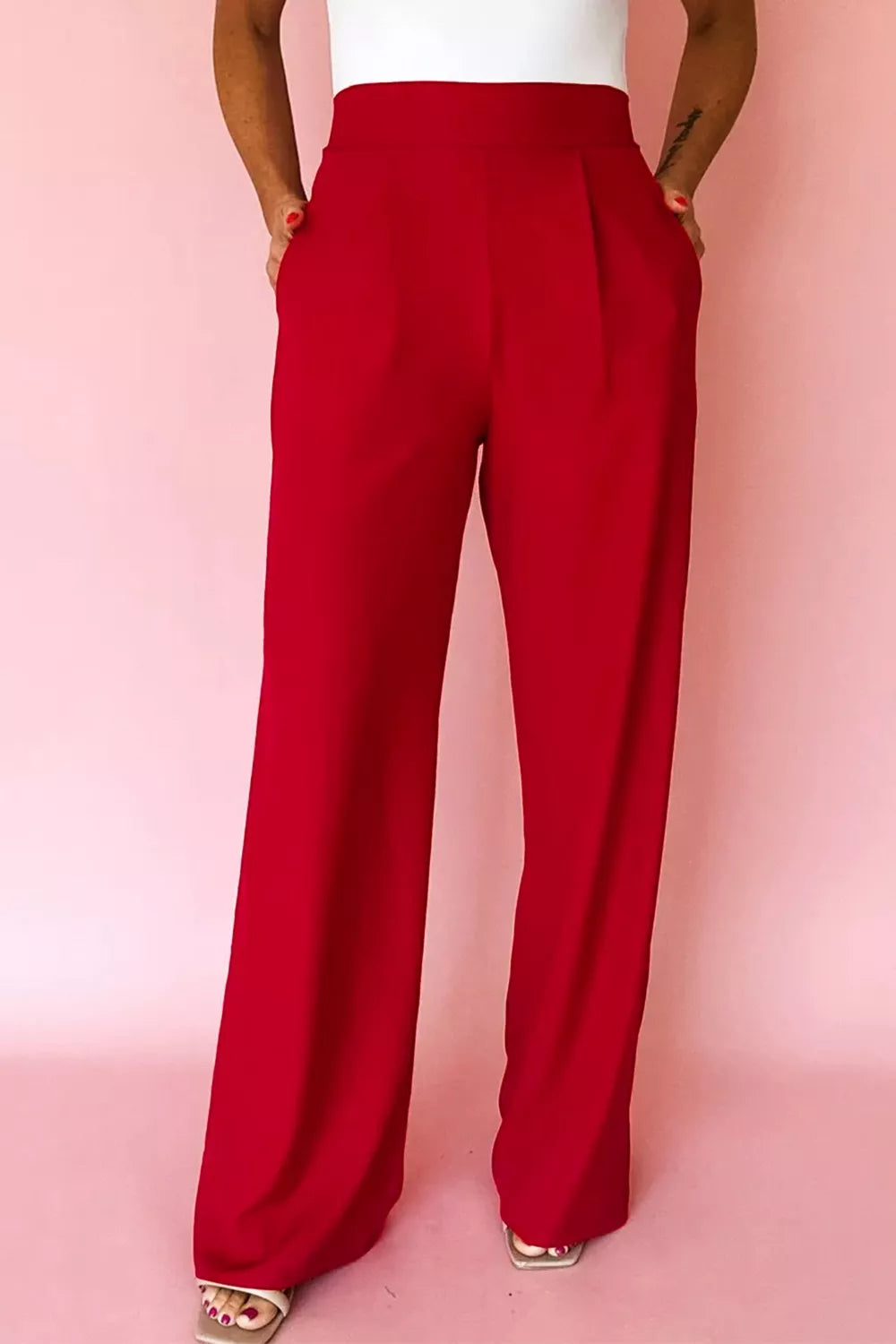 Pleated Detail Pull On High Elastic Waist Loose Straight Pants - Girly Tea