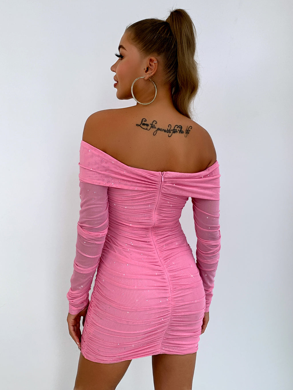 Glitter Ruched Off-Shoulder Long Sleeve Bodycon Dress - Girly Tea