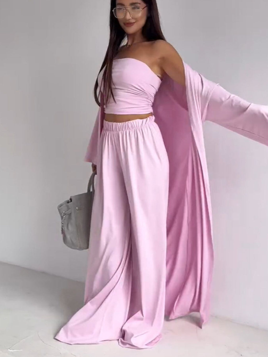 Tube Top & Cardigan & Pants Three Piece Set - Girly Tea