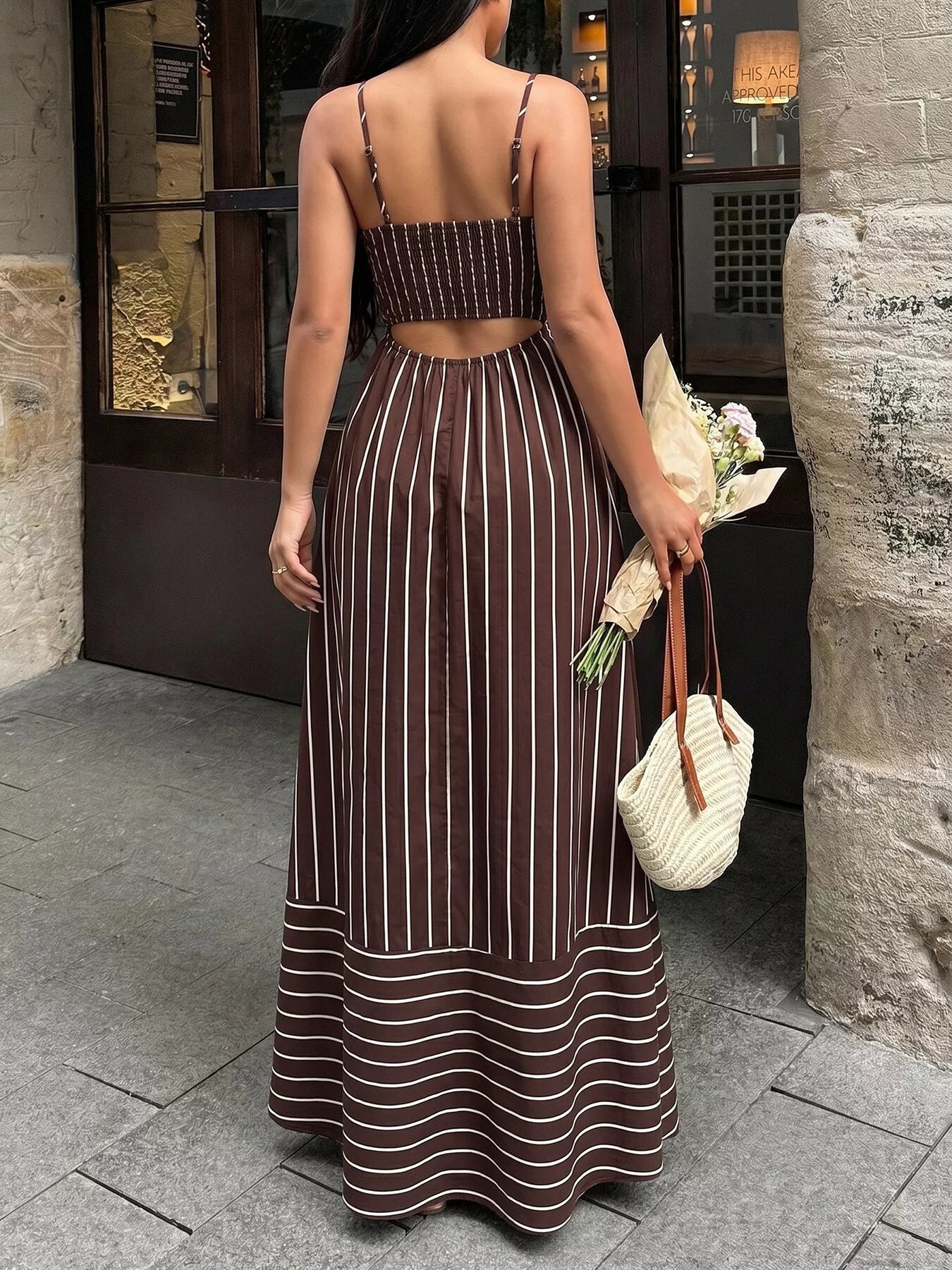 Striped Print Spaghetti Strap Maxi Dress - Girly Tea