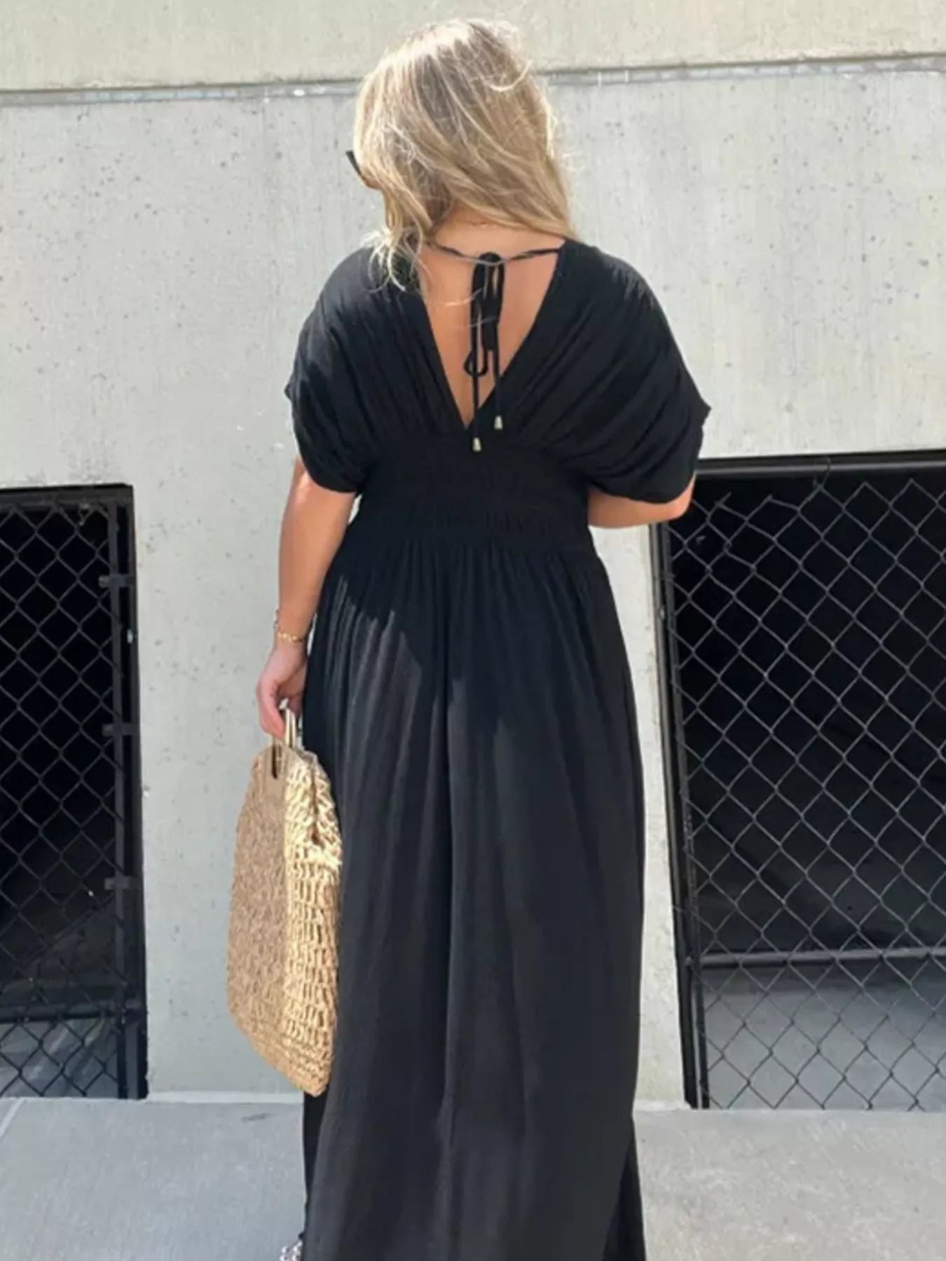 Full Size Slit V-Neck Smocked Waist Maxi Dress Plus Size - Girly Tea