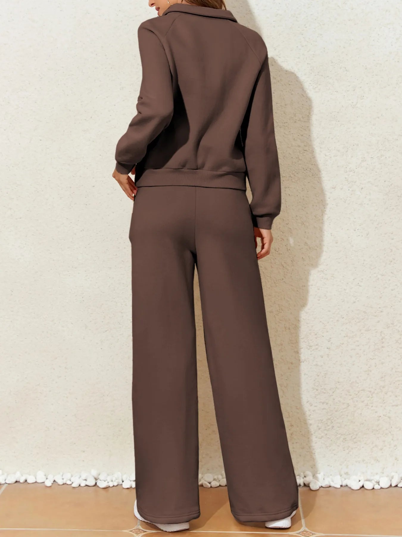 Collared Sweatshirt and High Waist Pants Active Set - Girly Tea