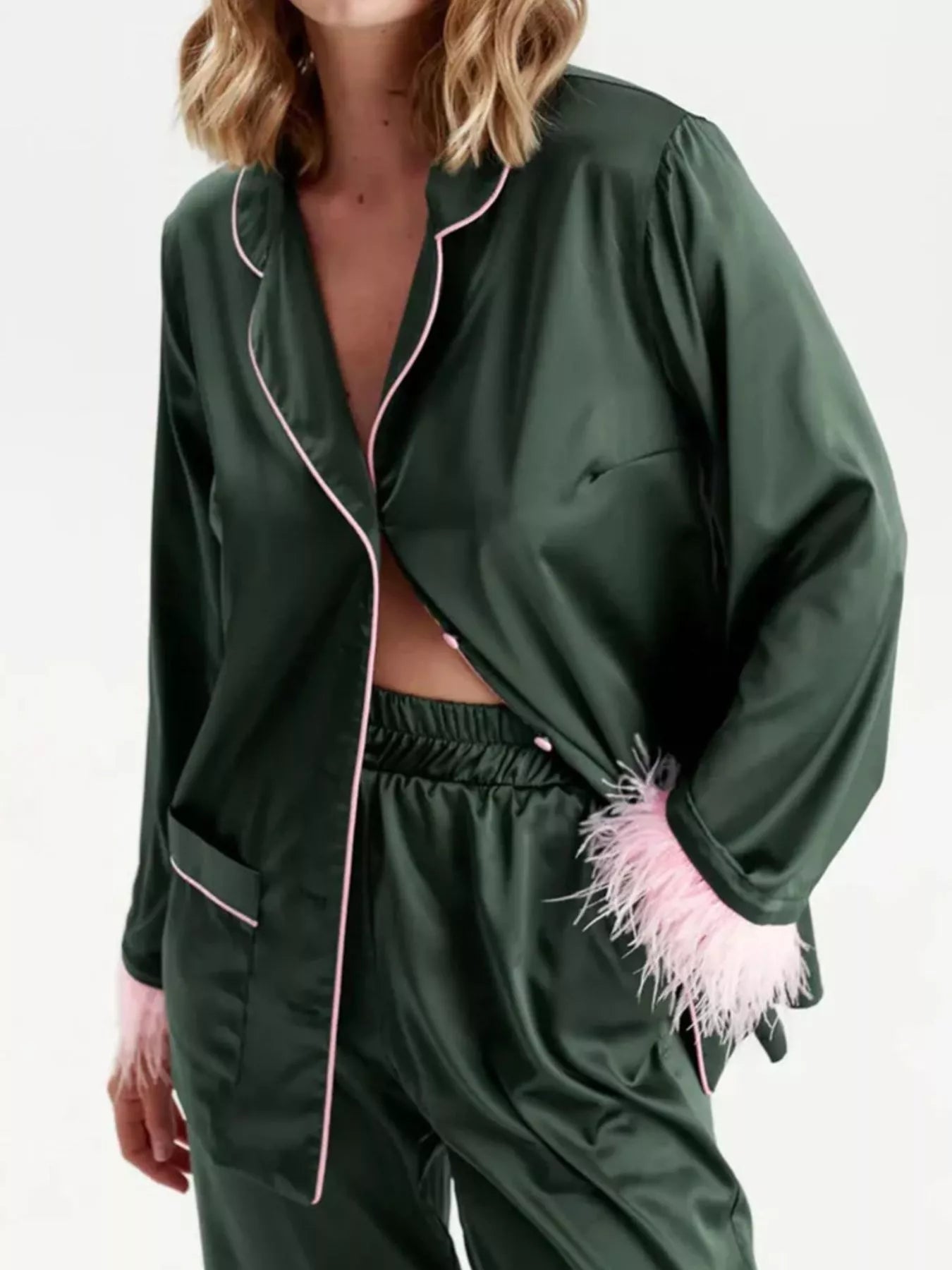 Silky Button Up Top and Pants Lounge Set - Girly Tea