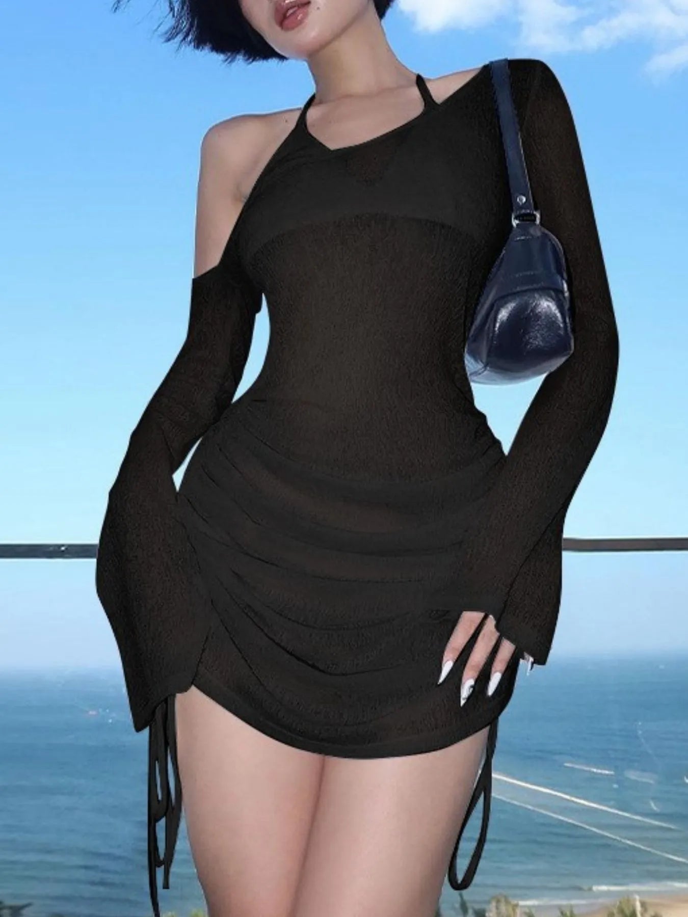 One-Shoulder Bell Sleeve Ruched Mini Cover-Up Dress - Girly Tea