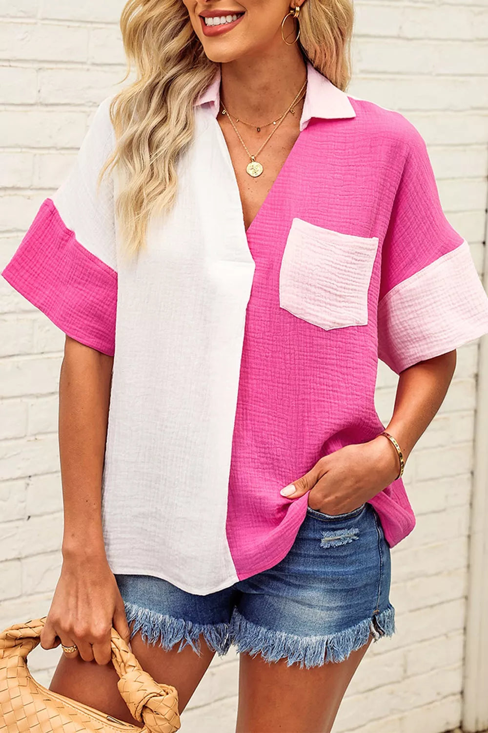 Color Block Casual Button Up Shirt - Girly Tea