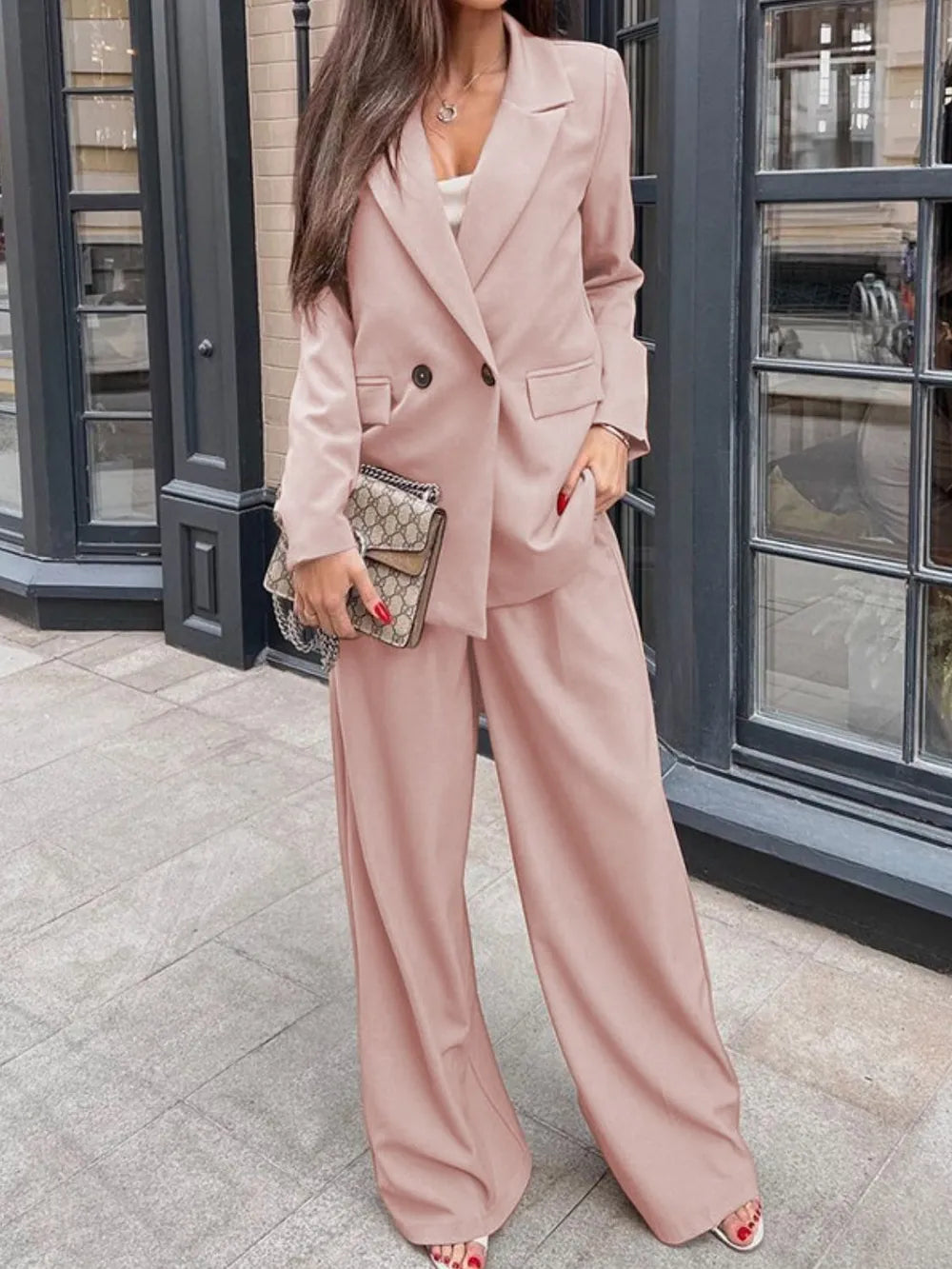 Buttoned Lapel Collar Long Sleeve Blazer and Pants Set - Girly Tea