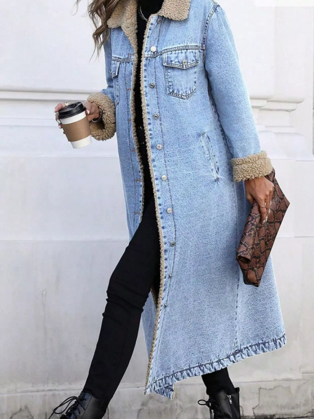 Sherpa Lined Longline Denim Jacket - Girly Tea