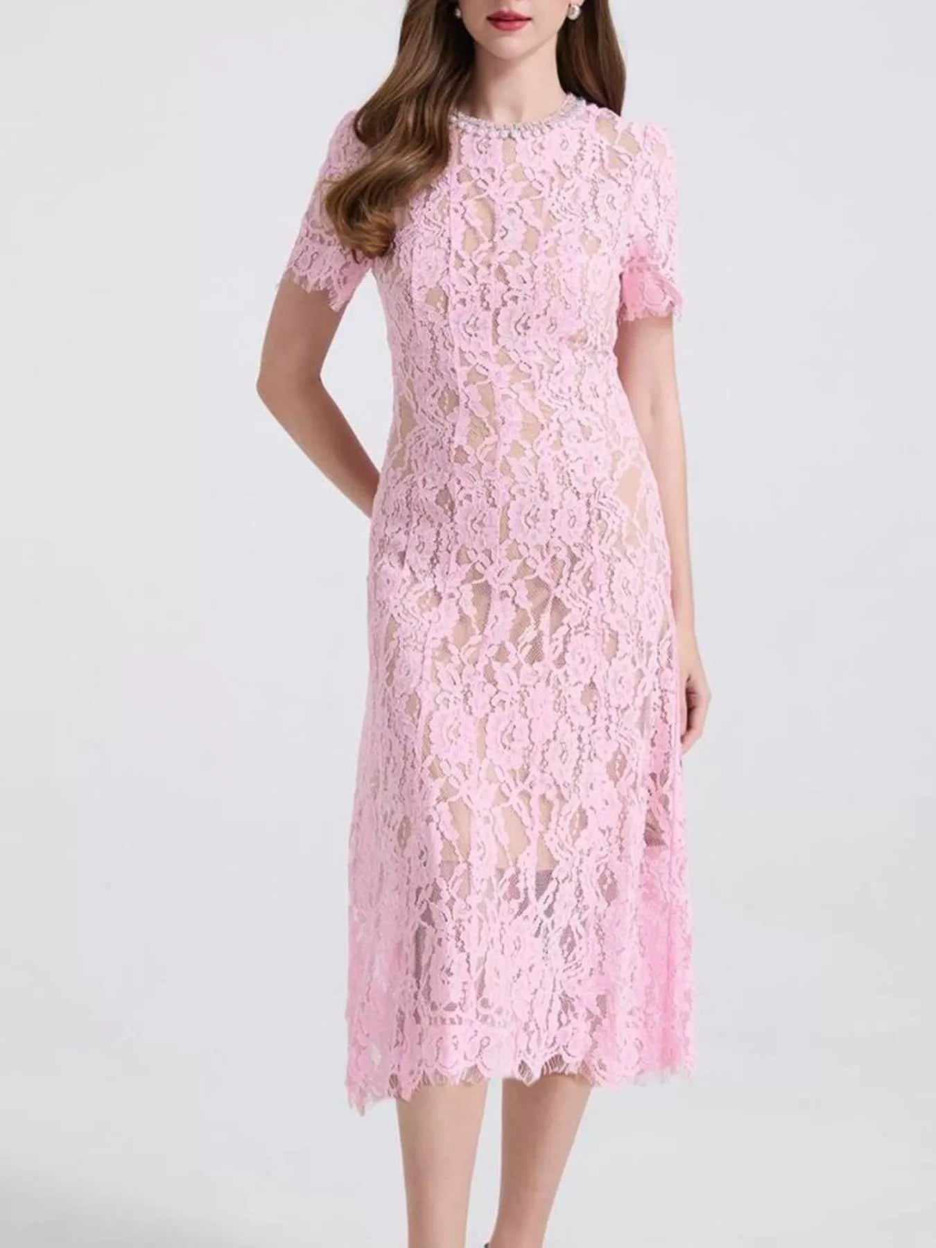 Lace Pearl Neckline Midi Dress - Girly Tea