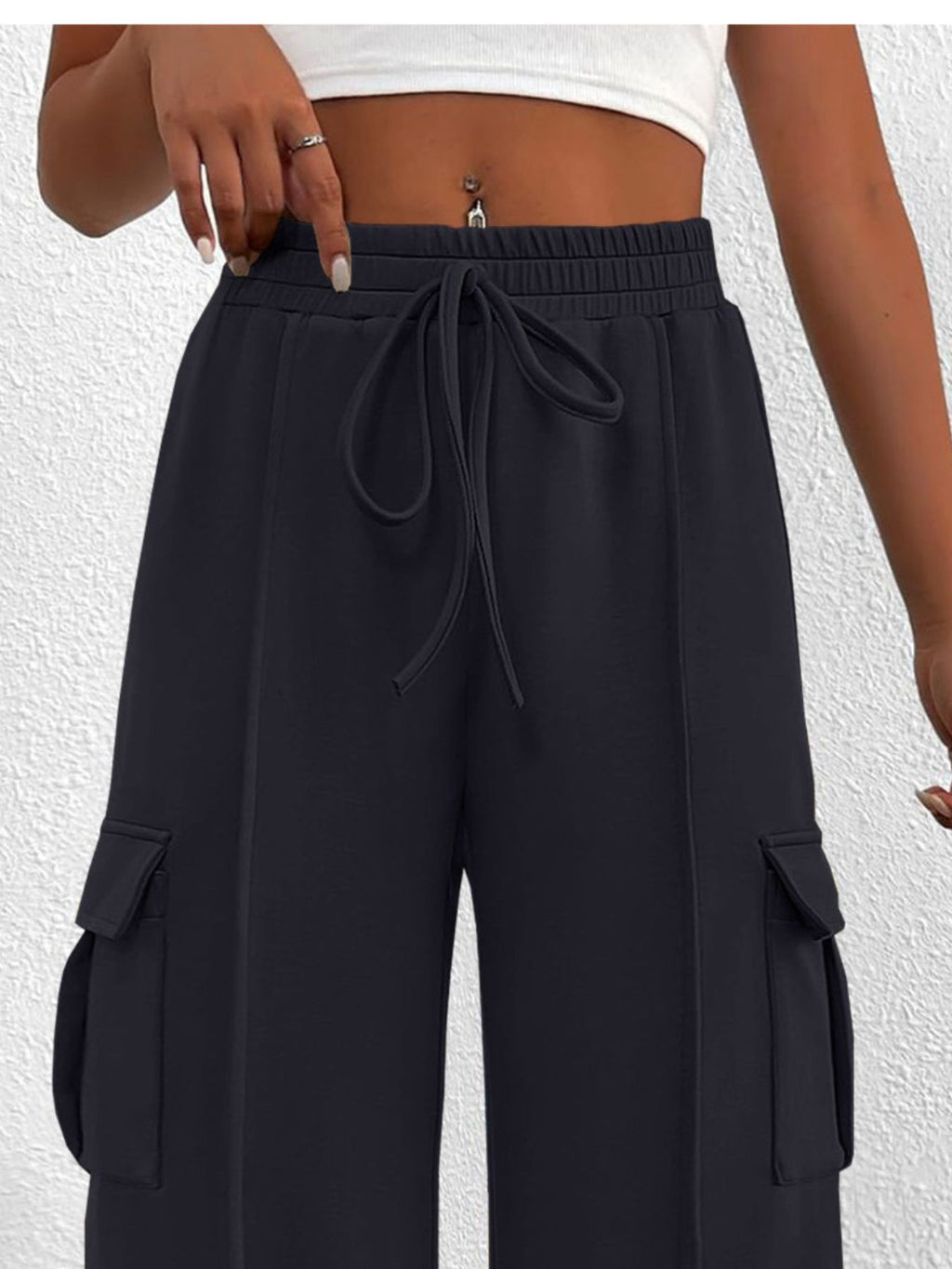 Casual High Waist Cargo Pants with Drawstring - Girly Tea