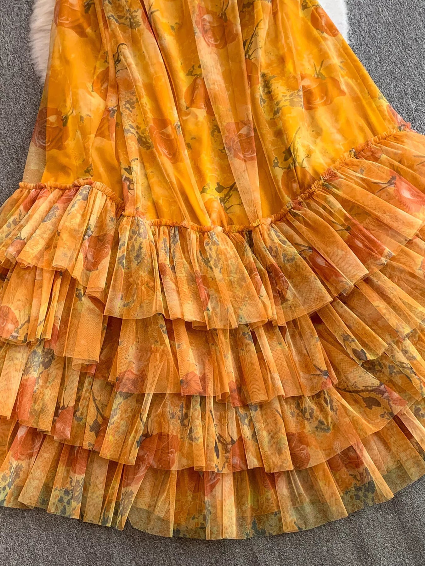 Floral Print Ruffled Layered Mesh Dress - Girly Tea