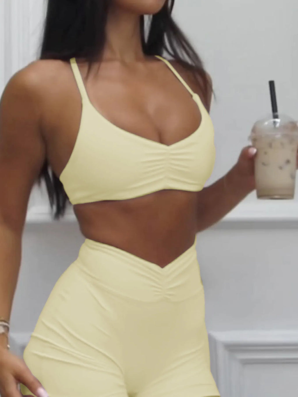Ruched Sports Bra and High-Waisted Shorts Active Set - Girly Tea