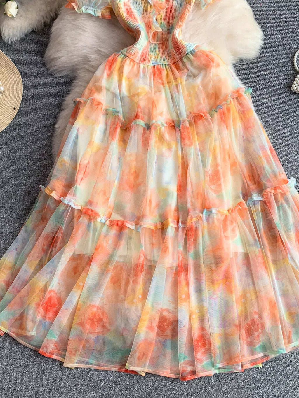 Smocked Floral Tiered Mesh Midi Dress - Girly Tea