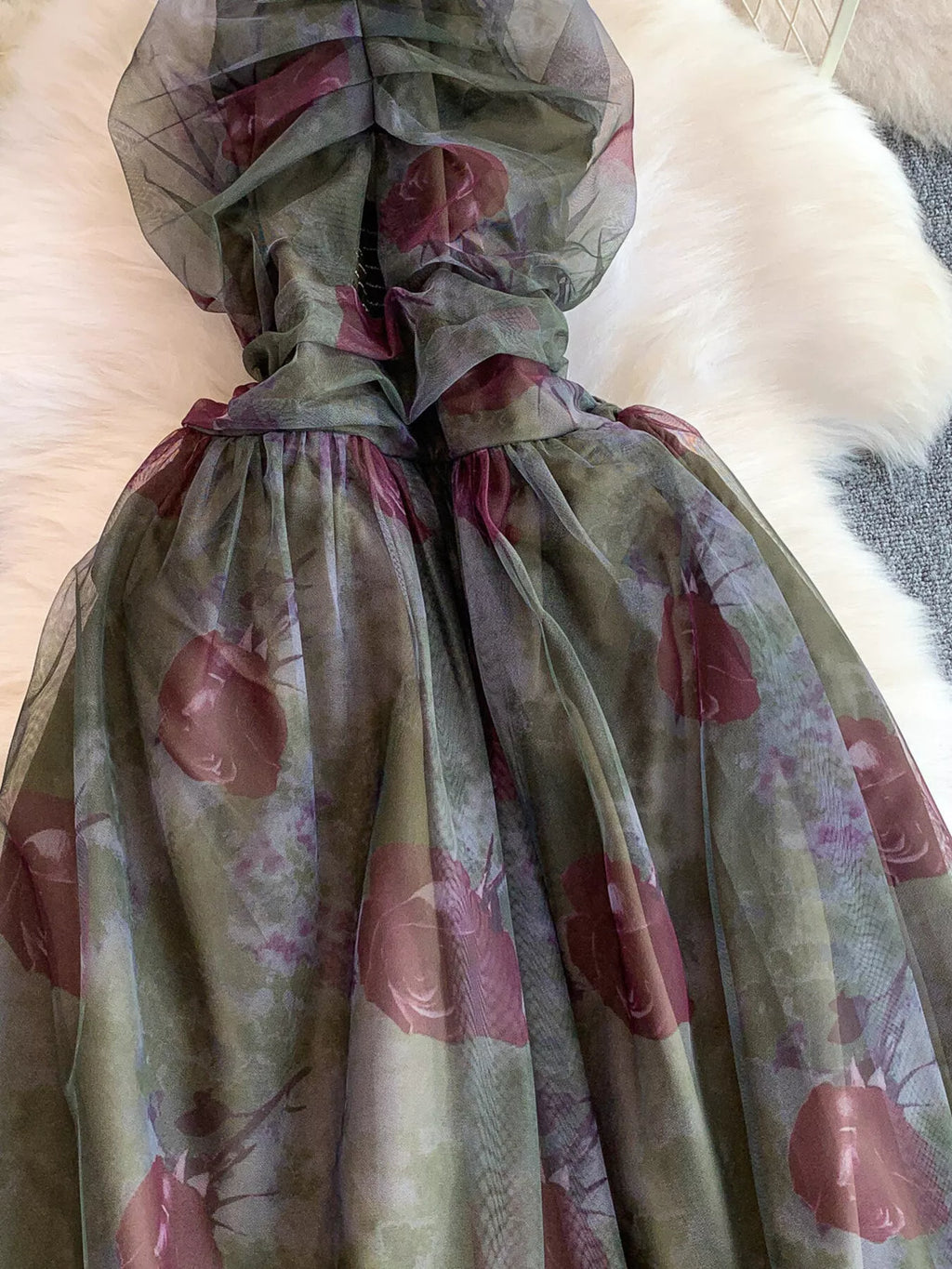 Floral Print Ruffled Layered Mesh Dress - Girly Tea