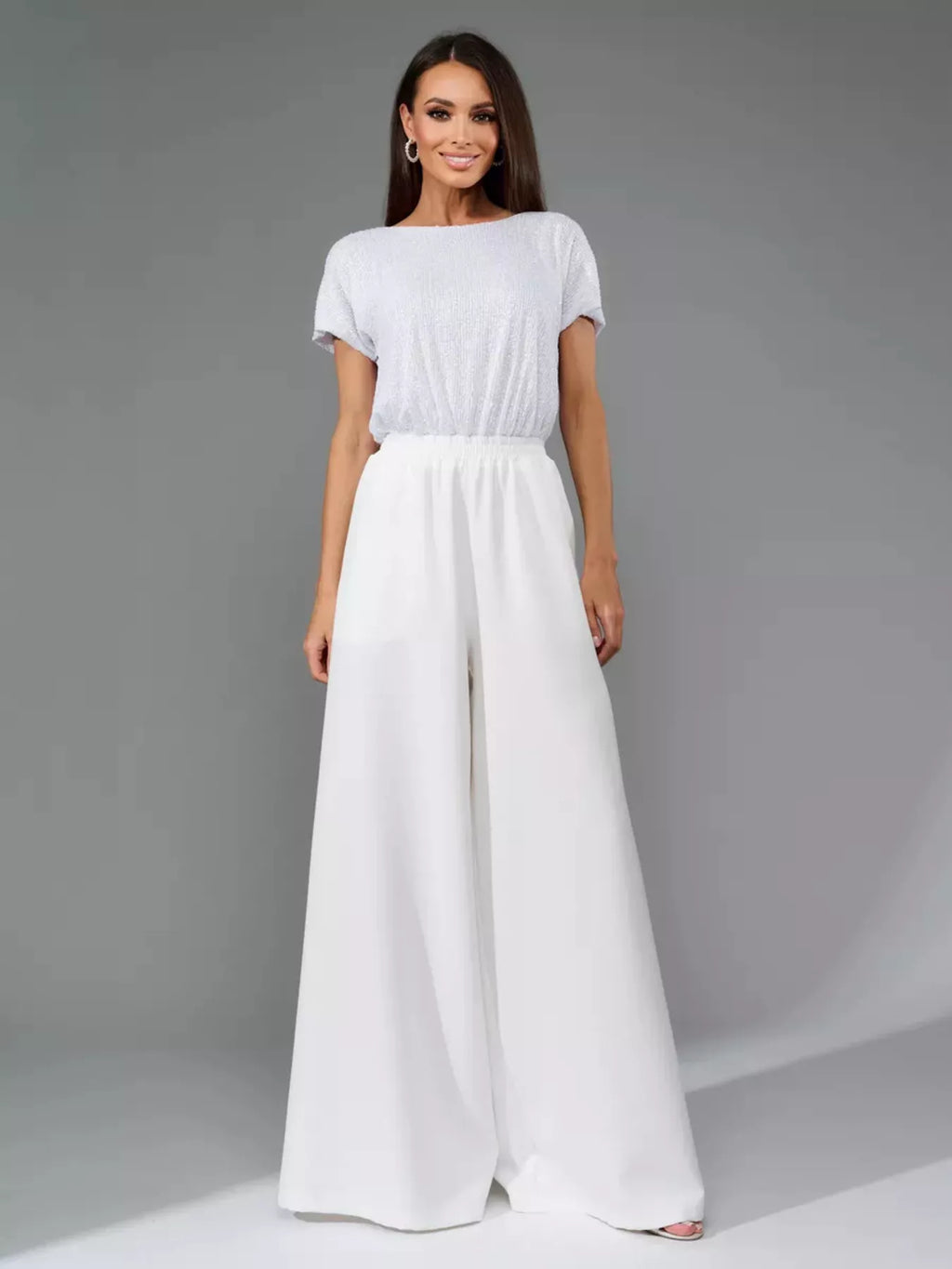 Full Size Sequin Short Sleeve Wide Leg Jumpsuit Plus Size - Girly Tea