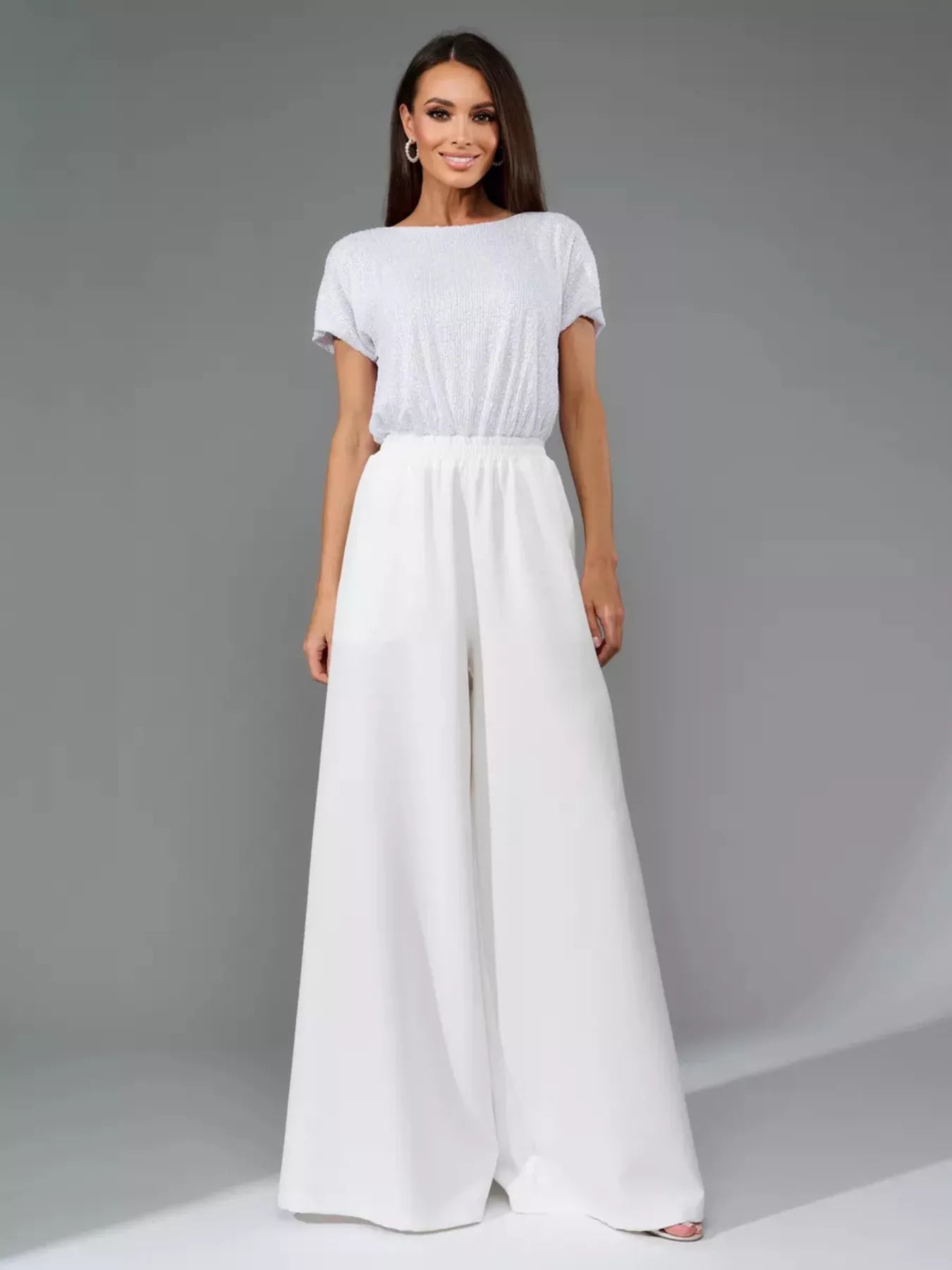 Full Size Sequin Short Sleeve Wide Leg Jumpsuit Plus Size - Girly Tea
