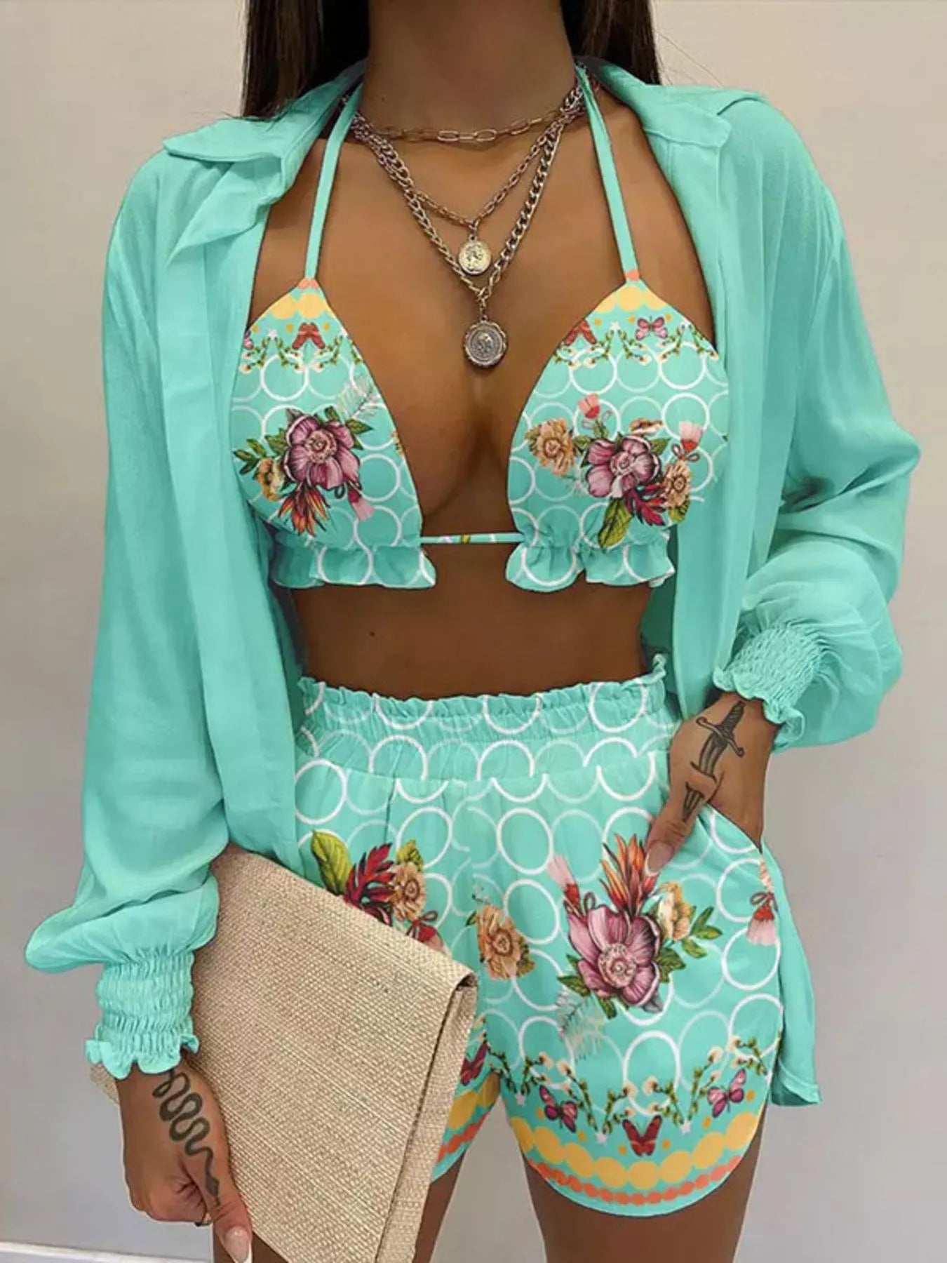 Full Size Halter Neck Cami & Shirt & Shorts 3-Piece Outfit Set Plus Size - Girly Tea