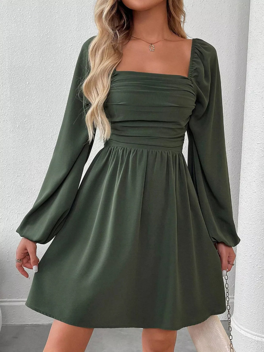Ruched Square Neck Long Sleeve A-Line Dress - Girly Tea