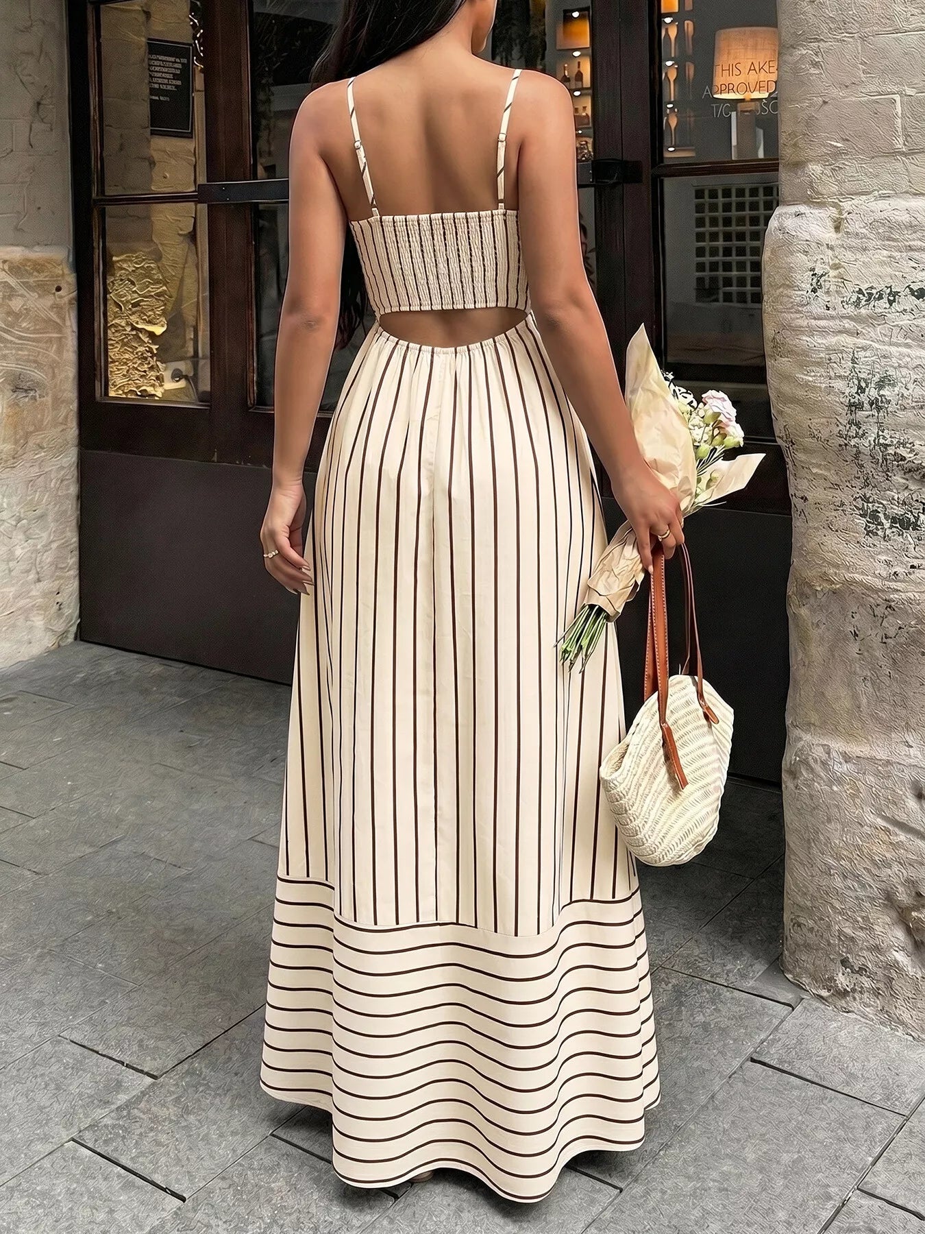 Striped Print Spaghetti Strap Maxi Dress - Girly Tea