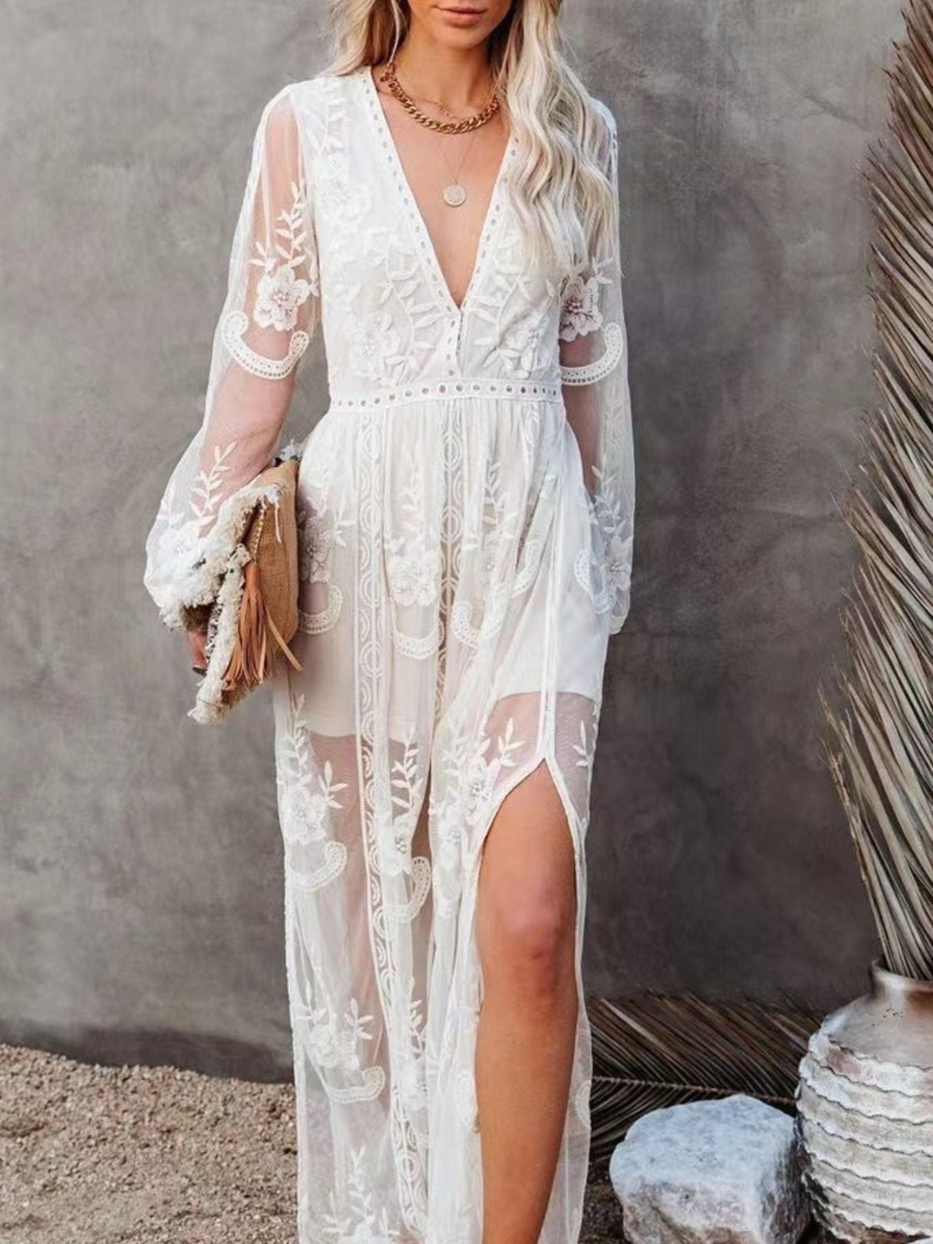 Floral Lace Slit Maxi Dress - Girly Tea
