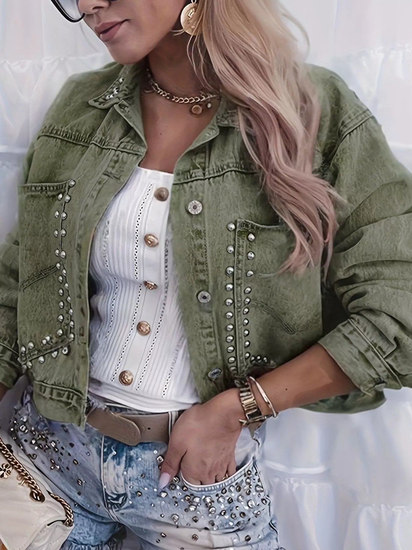 Studded Button Up Wash Denim Jacket - Girly Tea