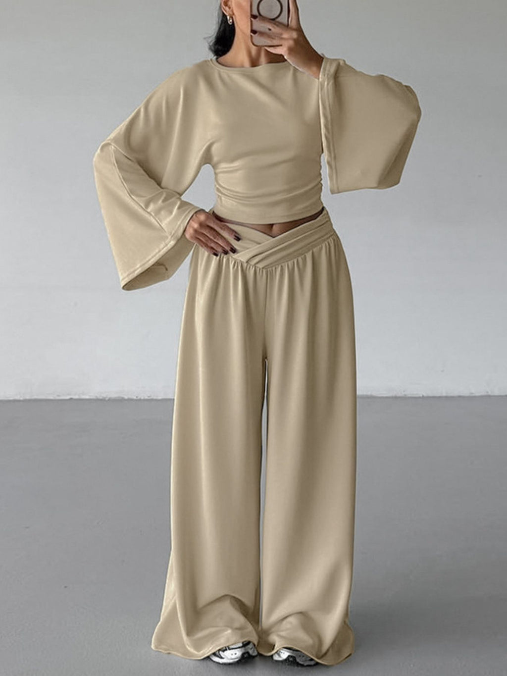 Round Neck Top and Wide Leg Pants Set - Girly Tea