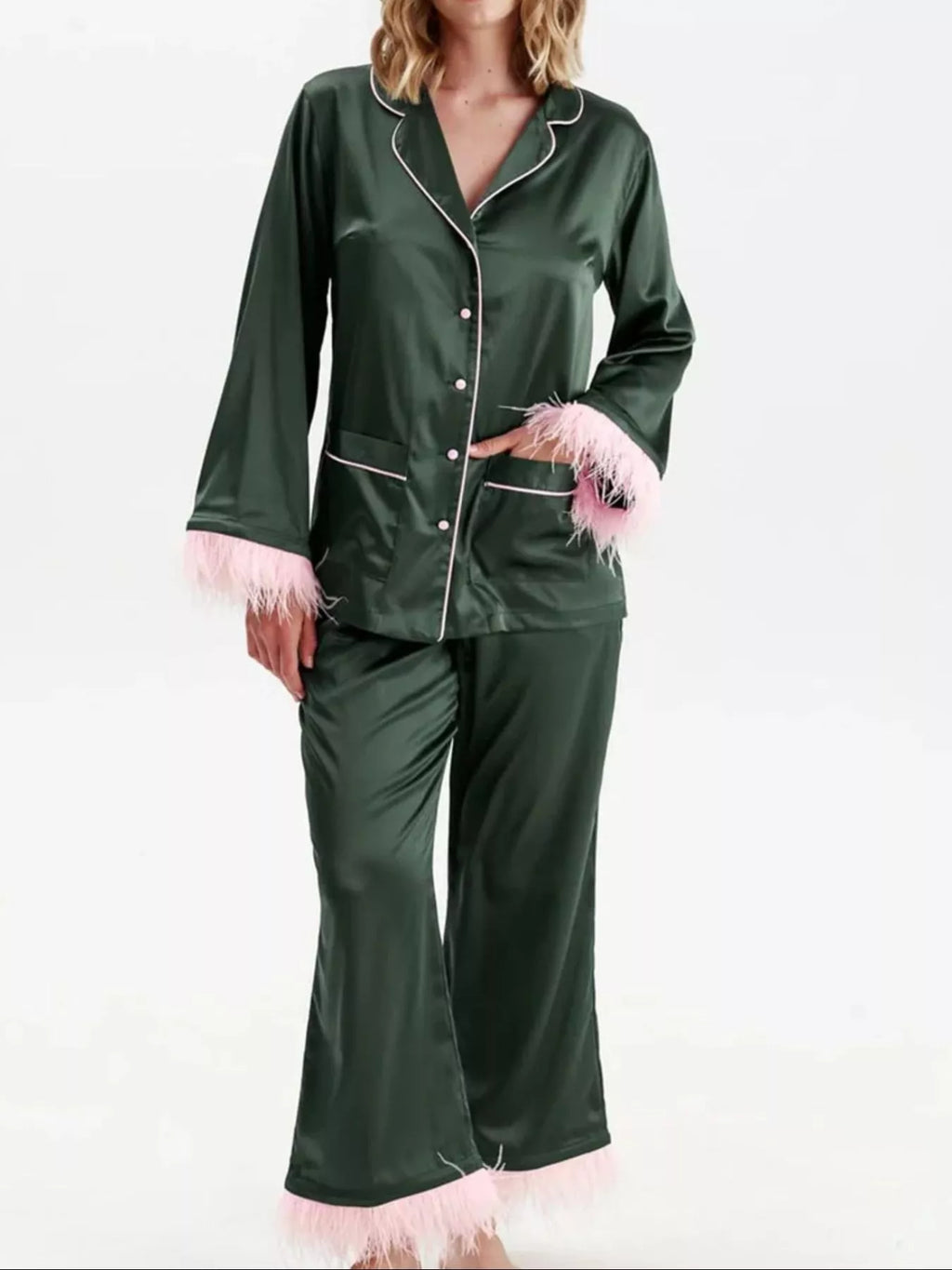 Silky Button Up Top and Pants Lounge Set - Girly Tea