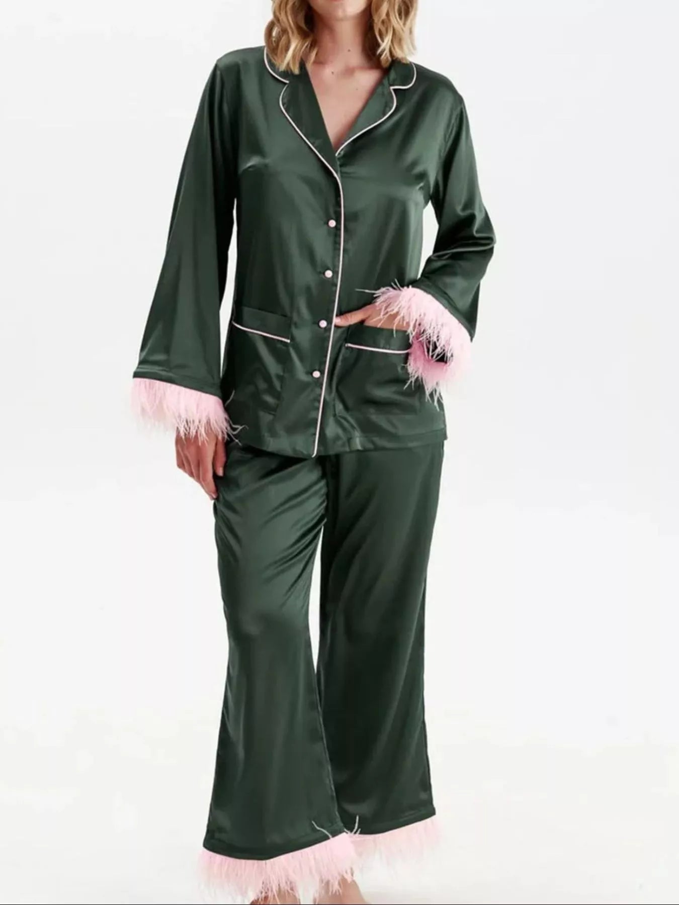 Silky Button Up Top and Pants Lounge Set - Girly Tea
