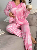 Stripe Buttoned Front Long Sleeve Top and Pants 2 Piece Sleepwear
