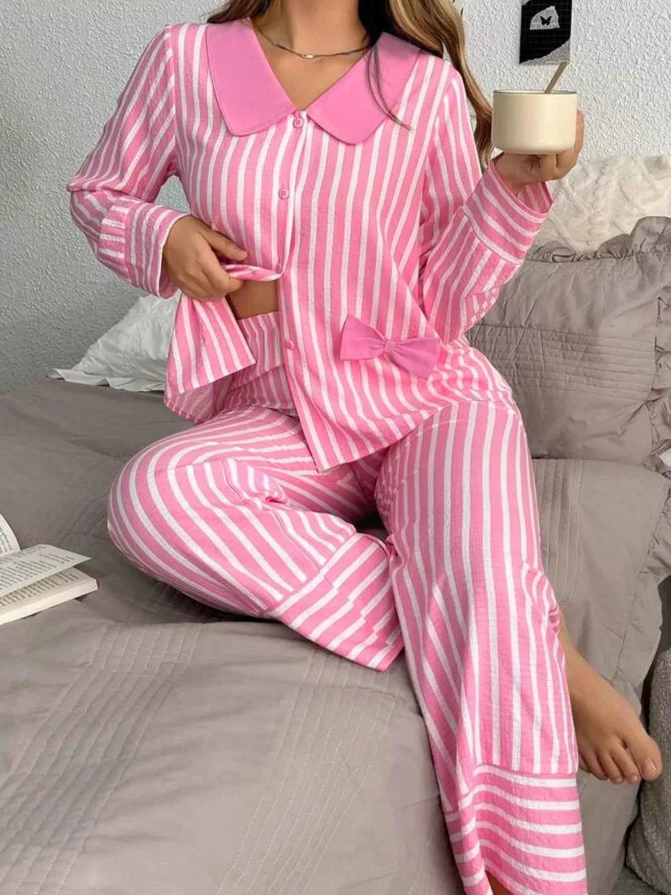 Stripe Buttoned Front Long Sleeve Top and Pants 2 Piece Sleepwear