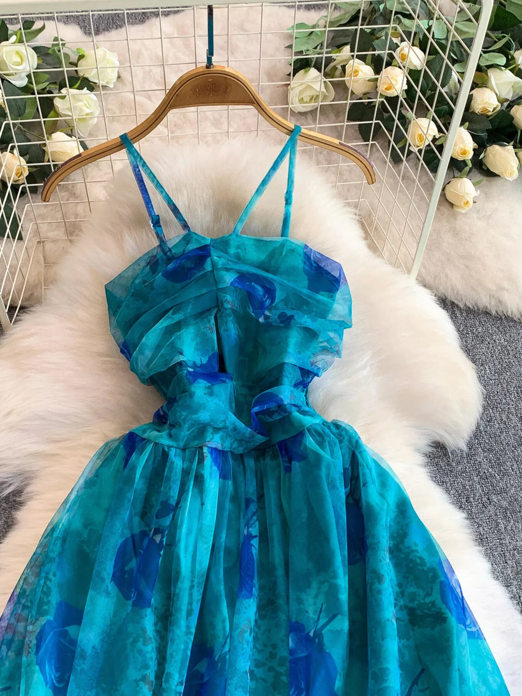 Floral Print Ruffled Layered Mesh Dress - Girly Tea