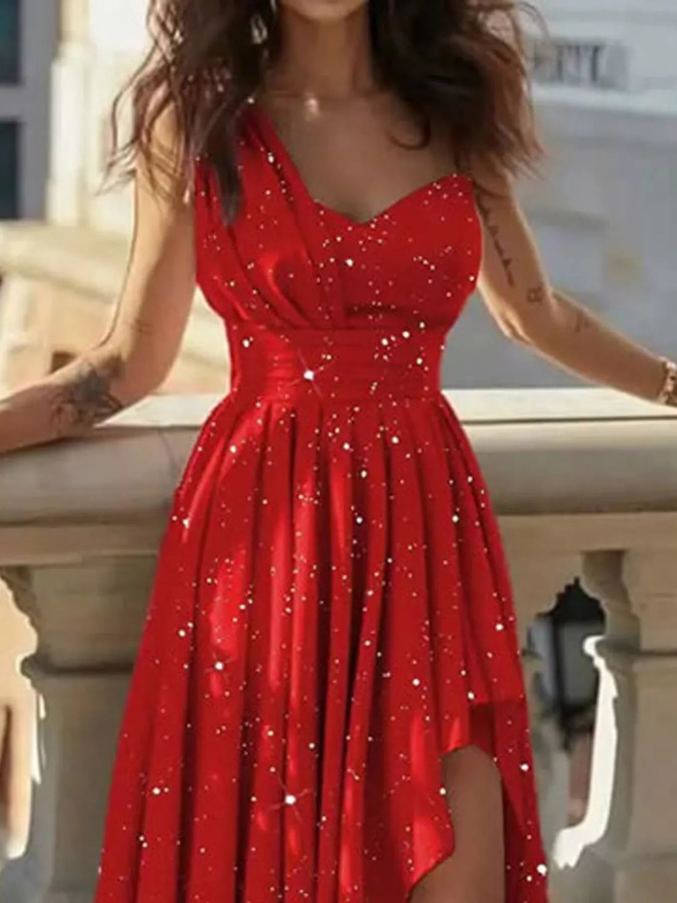 One-Shoulder Asymmetrical Hem Maxi Dress - Girly Tea