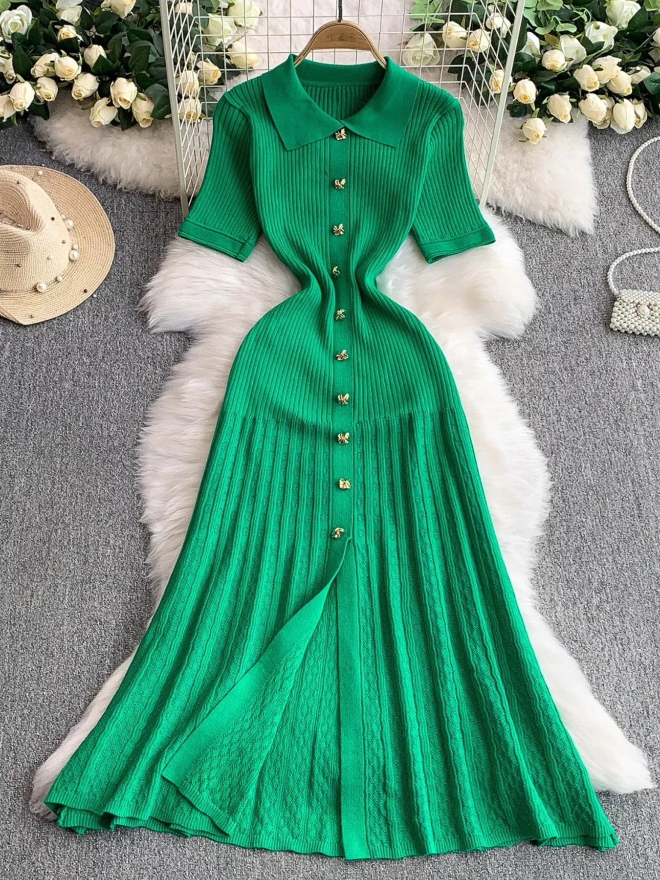 Button Front Ribbed Knit Midi Dress - Girly Tea