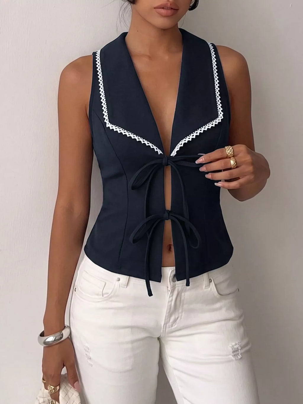 Lace Trim Tie-Front Vest - Girly Tea